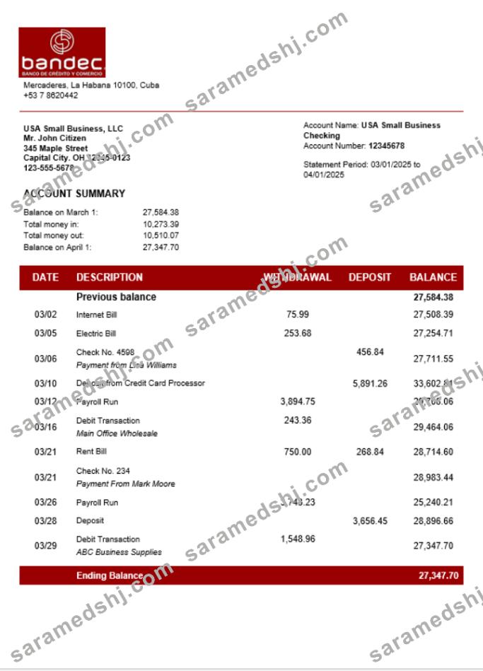 Bandec Banco de Credito y Comercio business firm account bank statement Word and PDF format